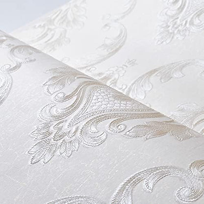 AMINAH DECO Cream White Damask Decorative Textured Floral Wallpaper Non-Woven - Image 4