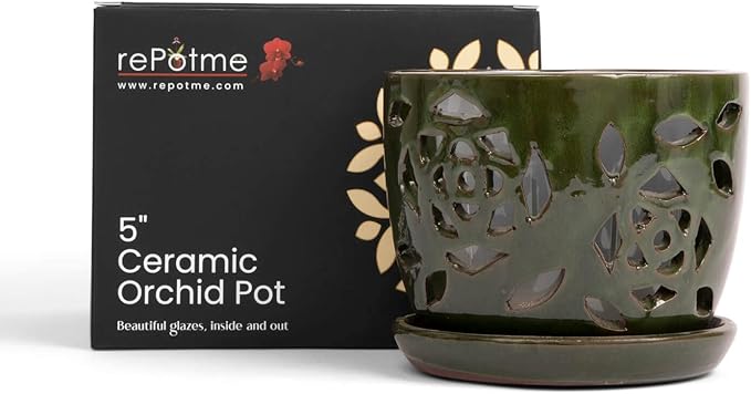 rePotme 5 inch Floral Cutout Ceramic Orchid Pot (Emerald Green) - Includes 5 inch Slotted Pot Liner