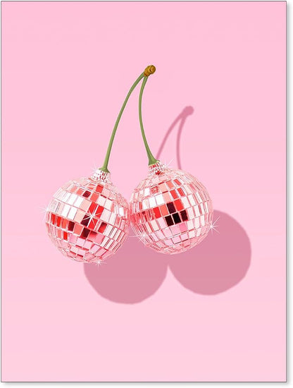 jkahh Funky Pink Cherry Poster Retro Disco Ball Canvas Wall Art Trendy Preppy by Unknown
