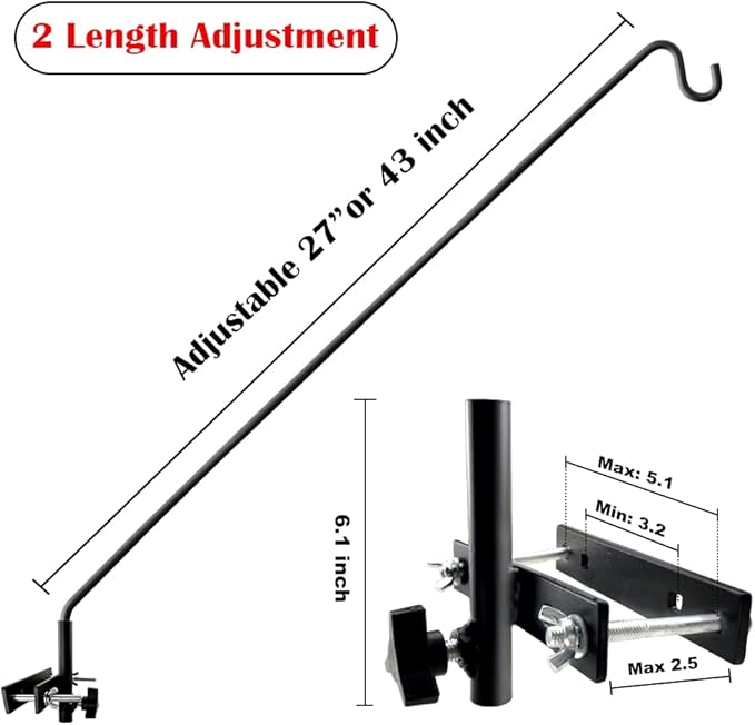 2 Packs Extended Fence Deck Hook Rail Hook Heavy Duty Bird Feeder Hook, 360 Degree Rotary and Length Adjustable Plant Bracket for Bird Feeders Planters Suet Baskets Lanterns Wind Chimes and More