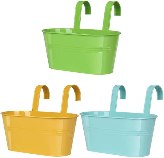 Metal Railing Planter for Outdoor Plants - 3 Pack Balcony Hanging Flower Pots with Detachable Hooks and Drain Holes Oval Bucket Rail Box Fence Planters for Home Garden Decor, Green Orange Blue