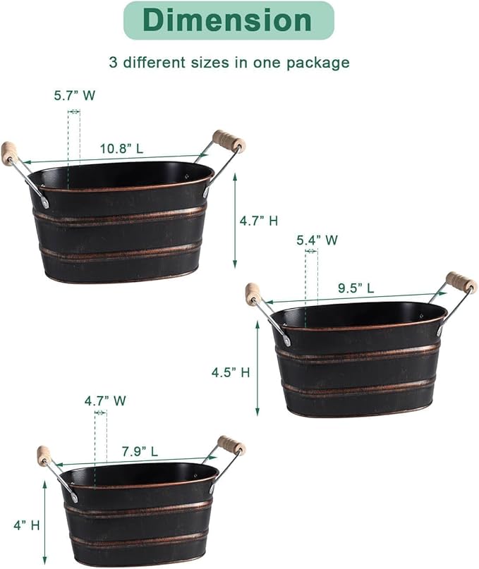 Galvanized Oval Planter Tubs for Outdoor Plants - Farmhouse Small Metal Tin Buckets with Drain Hole & Rubber Plug Medium Plant Containers with Handles Vintage Style for Decor, Set of 3 (Black)