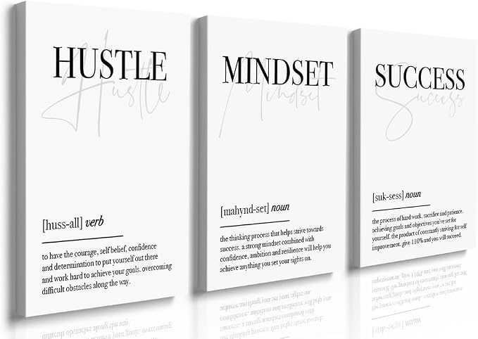 GUBIYU Hustle Mindset Success Wall Art Set of 3 Framed Canvas Black and White by GUBIYU
