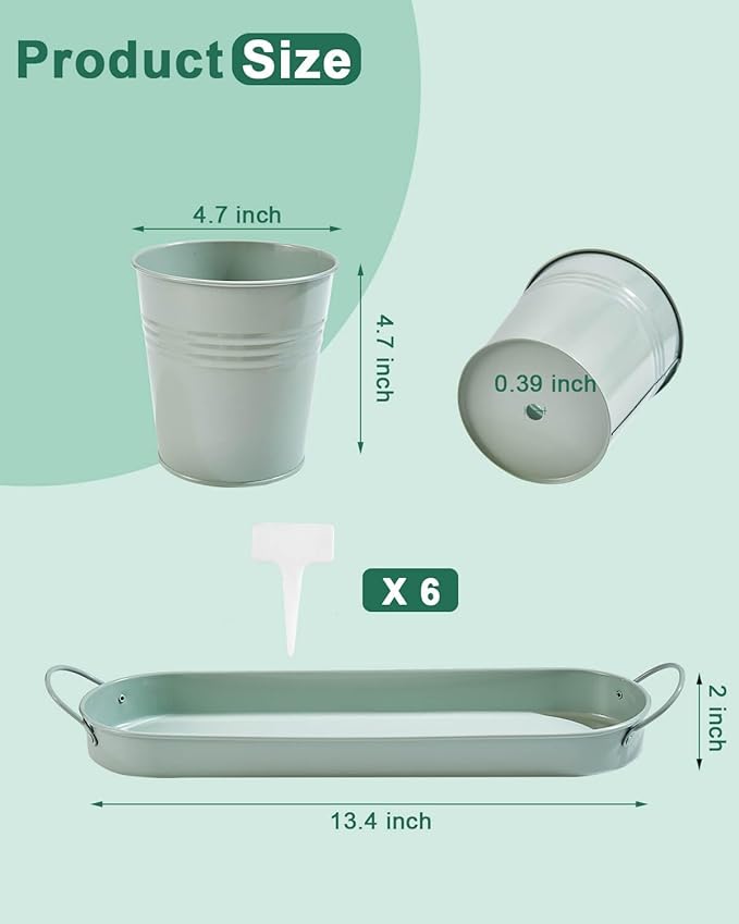 vensovo Indoor Herb Planter Set - Galvanized Windowsill Garden Pots with Tray & Drainage, Set of 3 Metal Window Planters for Kitchen & Outdoor Use, Light Green