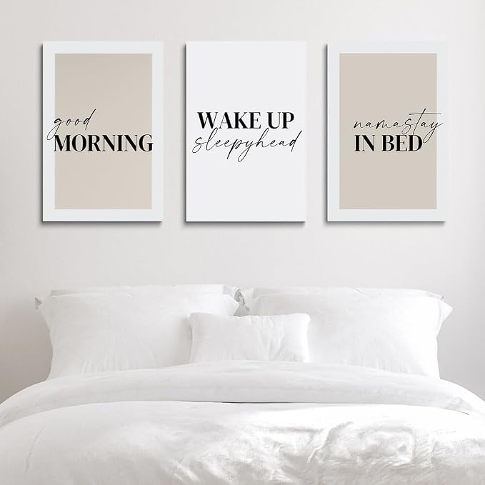 GUBIYU Bedroom Prints Set of 3, Above Bed Decor, Good Morning Namastay in Bed - Image 2