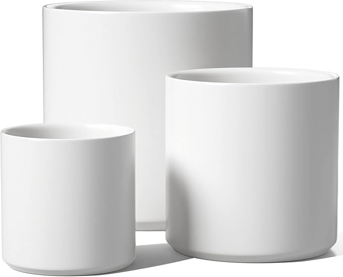 LE TAUCI Ceramic Plant Pots Indoor, 10 Inch 8 Inch 6 Inch Planters for Indoor Plants, Mid-Century Modern Flower Pots with Drainage Hole and Plug, Cylinder Round Planter Pots, Set of 3, White