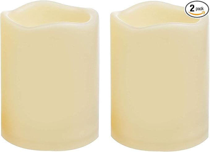 2 Waterproof Outdoor Battery Operated Flameless LED Pillar Candles with Timer Flickering Plastic Resin Electric Decorative Light for Lantern Patio Garden Home Decor Party Wedding Deco 3x4 Inch