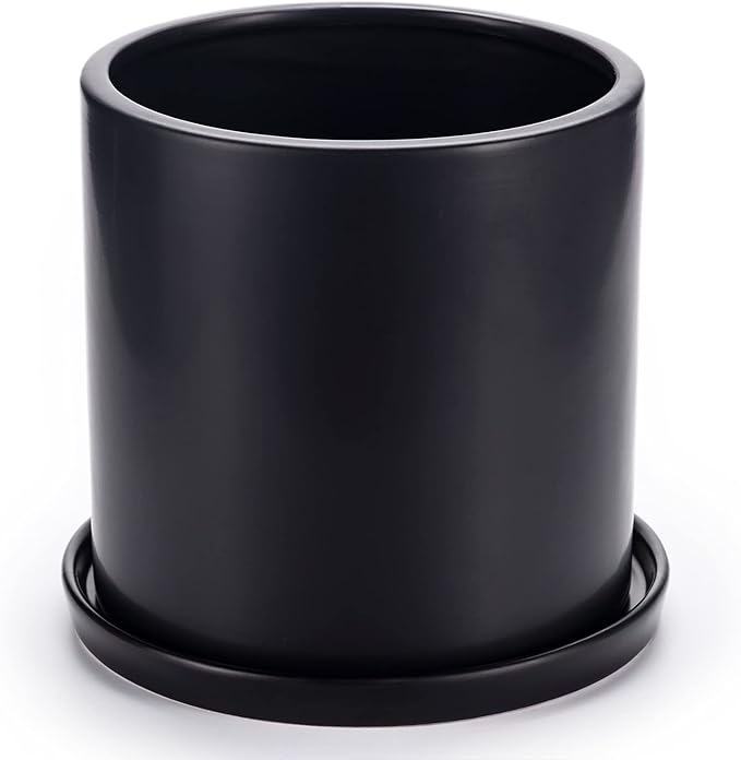 Plant Pots 10 Inch Ceramic Planter with Drainage Hole and Saucer, Matte Black Modern Cylinder Planter Pot for Indoor Outdoor Plants Flowers, Full Glazed Finish
