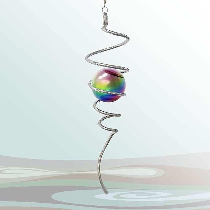Multi Color Wind Spinner Tail Gazing Ball Spiral Decorative Wind Spinner Sun Catcher Visual Illusion Wind Spinner Stabilizer Indoor Outdoor Garden Decoration Wind Sculptures-13in Height