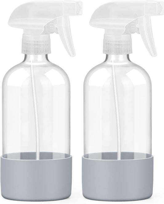 2 Pack Glass Spray Bottles with Silicone Sleeve, 16 oz Empty Refillable Containers with Adjustable Spray Nozzles, Spray Bottles for Hair, Cleaning Solutions and Plants