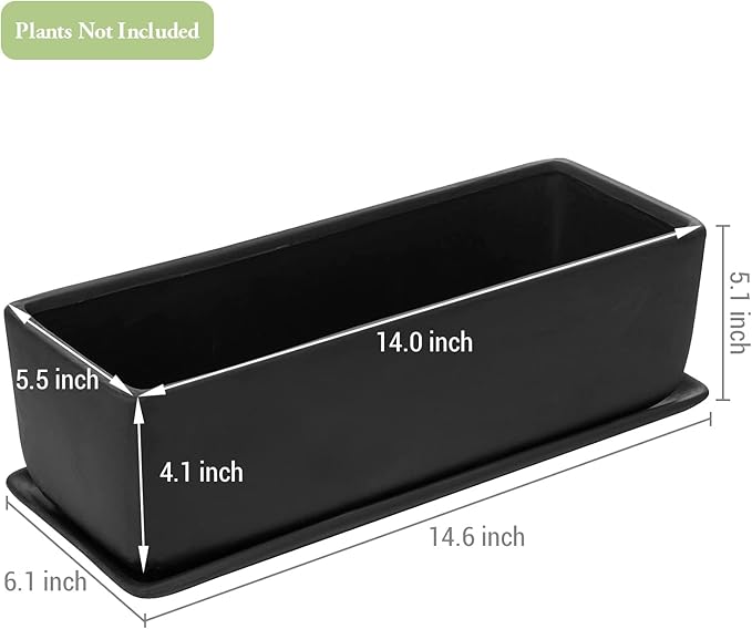 MyGift 14 Inch Matte Black Ceramic Indoor Plant Pot Succulent Planter, Decorative Flower Planter with Drainage Hole and Removable Tray