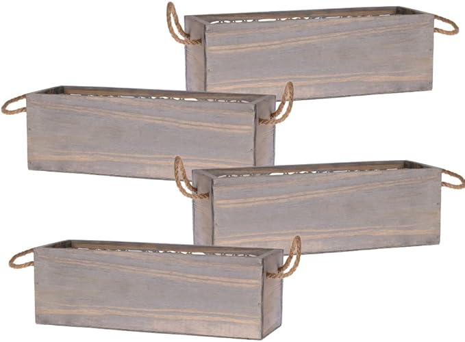 Wooden Planter Box with Handle, Rustic Barn Wood, Plastic Liner l Garden Decor l Restaurant and Wedding Decorations l Wedding Table Centerpiece (12x4 w Handle Set of 4, Natural)