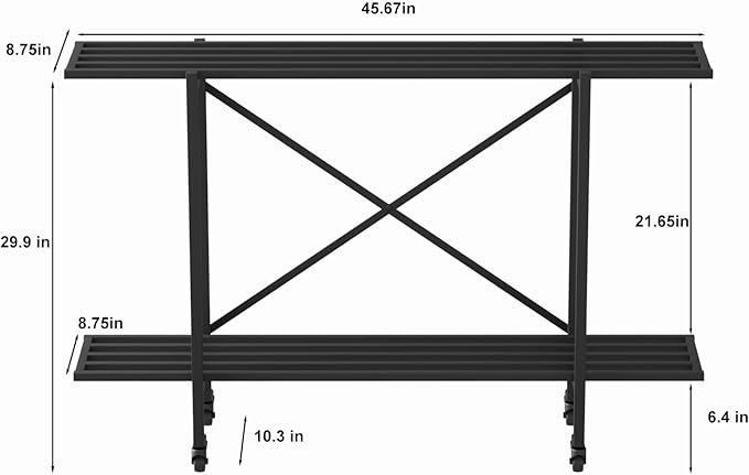 Zhongma 2 Tier Metal Sturdy Narrow Plant Stand with Wheels, Plant Stand Indoor and Outdoor, L45.67 x W10.3 x H29.9 inch, 440 LBS Capacity & Heavy Duty Construction.