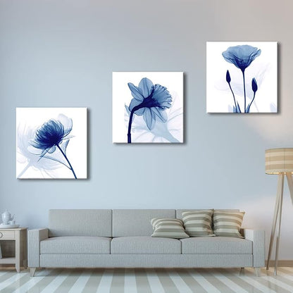Wieco Art Blue Flowers 3 Panels Canvas Print Wall Art Modern Pictures Artwork - Image 9