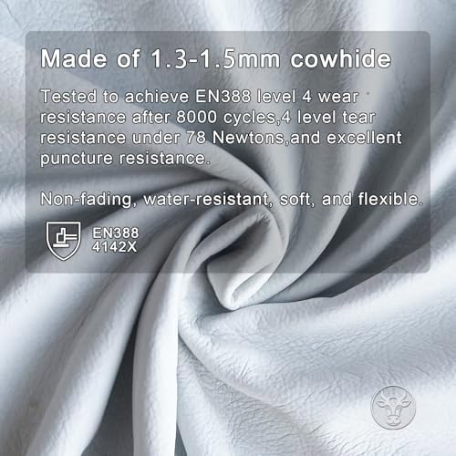 12 Pairs Bulk Leather Work Gloves for Men or Women for Construction, Wood cutting, Driving, Gardening, Automotive Repair, Water Resistant, Soft, Cowhide, Class 4 Abrasion Resistant, Blue-White, XL