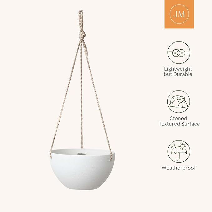 La Jolie Muse White Hanging Planter Basket - 8 Inch Indoor Outdoor Flower Pots, Plant Containers W/ Drainage Hole, Plant Pot for Hanging Plants, Pack 2