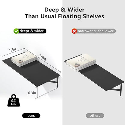 Deep Floating Shelves for Wall Set of 3, 24W x 12 Inch Deep Black Floating - Image 4