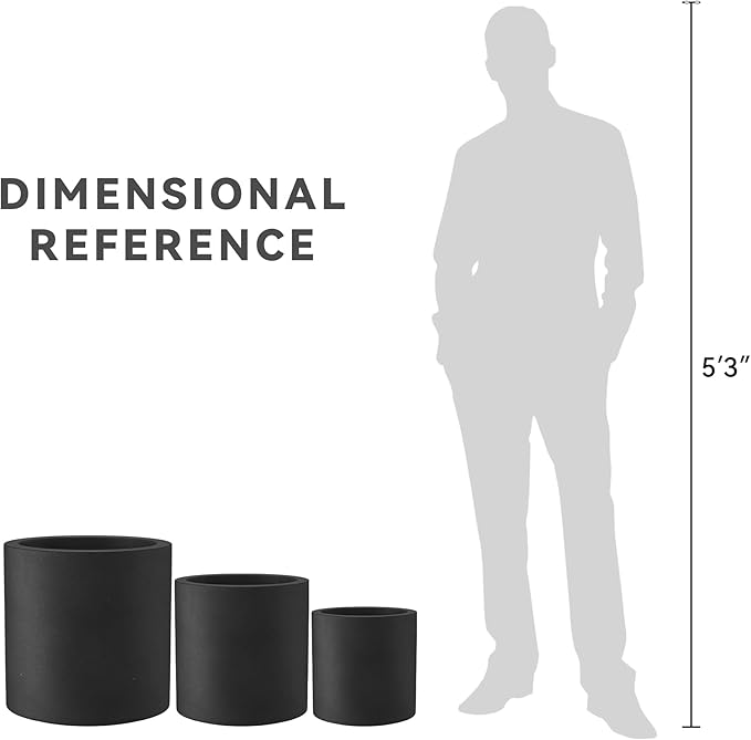 Kante 9.8",12.6",15.7" Dia Round Concrete Planter Set of 3, Modern Style Large Cylindrical Plant Pot with Drainage Hole and Rubber Plug for Indoor Outdoor Patio, Black