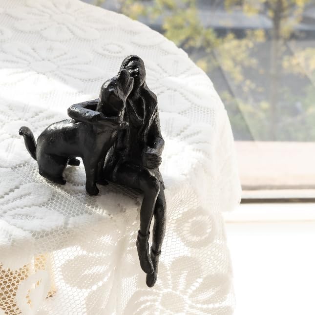 Cast Iron Sitting Woman and Dog Statue, Love Figurine, Gifts for Dog Lovers, Memorial Gifts for Women and Girls, Black