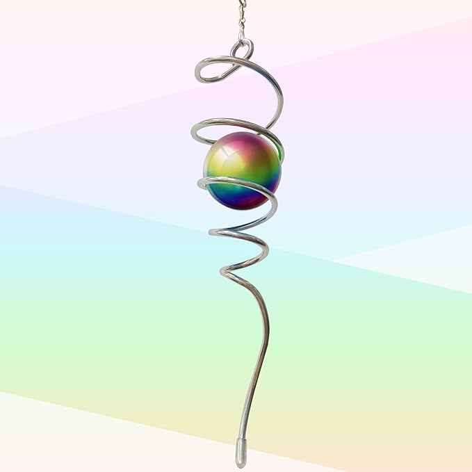 Multi Colors Gazing Ball Spiral Tail Wind Spinner,Decorative Wind Spinner 11inch Tail&2 inch Stainless Steel Orb.Indoor Outdoor Wind Spinner Tail Garden Decoration-13 inch Height