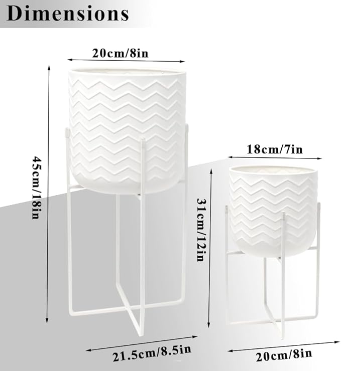 TRIROCKS Set of 2 Planters with Stand Indoor Outdoor Metal Plant Stand 18 &12" Tall Modern Planters Flower Pots for Living Room Corner Kitchen Office Garden Balcony Patio Decor(White)