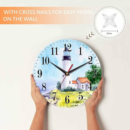 Mxocom Watercolor Lighthouse Wall Clock Building Green Hill Blue Skies House - Image 4