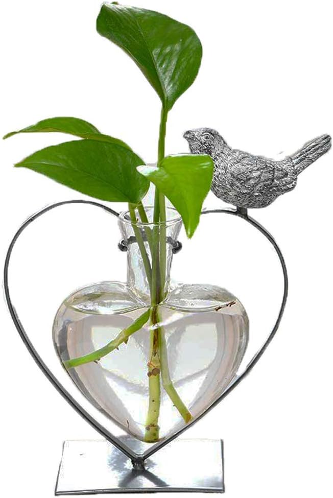 Marbrasse Desktop Glass Vase, Bulb Glass Vases for Holder, Creative Bird with Heart Planter Vase, Plant Terrarium Metal Stand for Modern Office Home Wedding Decorations