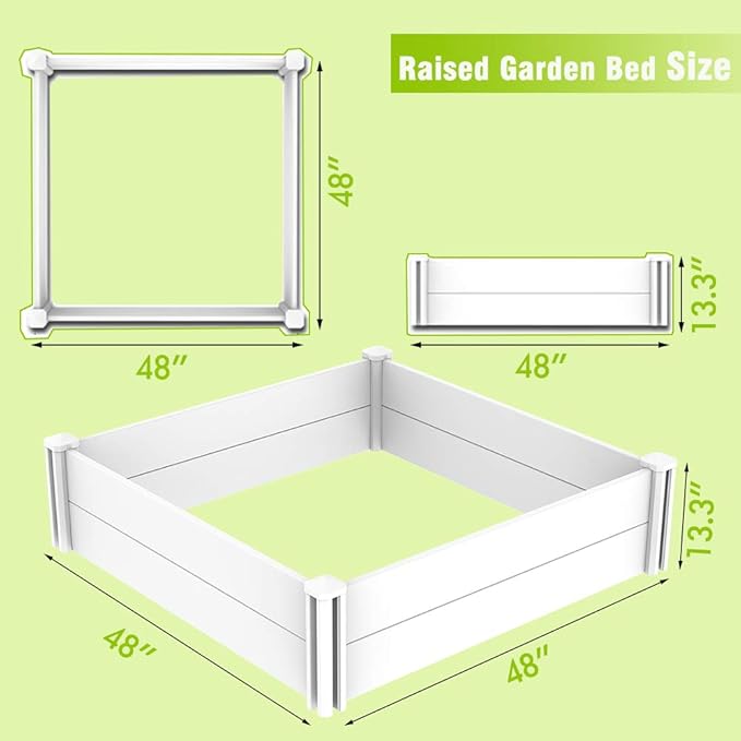 Raised Garden Bed Kit 4'x4' Outdoor Above Ground Planter Box for Growing Vegetables Flowers Herbs, DIY Gardening, Whelping Pen and More, Screwless White Vinyl Garden Bed with Grid