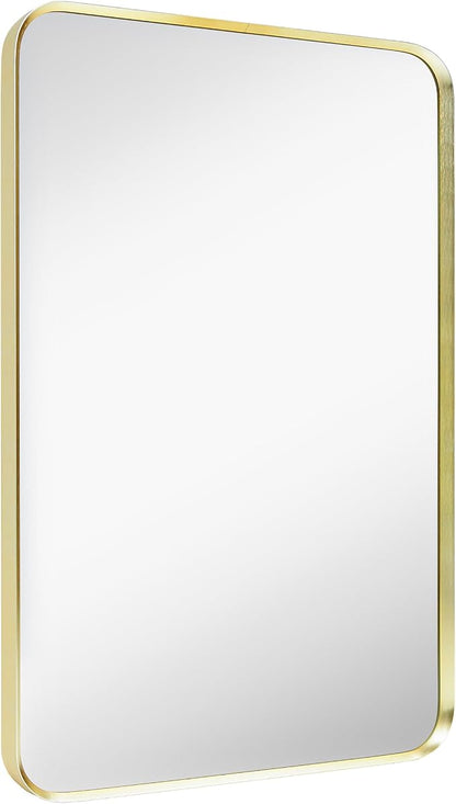 Wall Mount Mirror for Bathroom, Brushed Gold Metal Framed Rounded Corner - Image 6