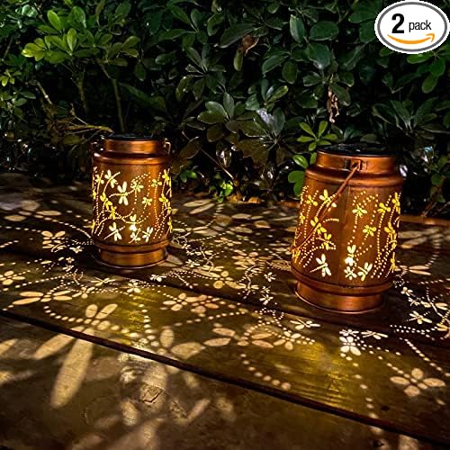2 Pack Dragonfly Solar Lantern Lights Outdoor Decor, Hanging Metal Decorations Waterproof with LED Light, Landscape Lights for Garden Patio Yard Lawn Backyard Front Porch Gifts for Mom Grandma