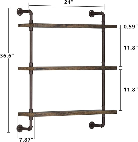 Industrial Pipe Shelf Wall Mounted, Rustic Wood Floating Shelves, 3 Tier Wall - Image 2