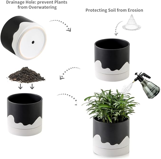 Nihow Ceramic Plant Pot: 6 Inch Planter with Drainage Hole & Saucer for Indoor & Outdoor Plants - Cylinder Round Flower Pot for Succulent/Herbs/Violets - Black & Wave White