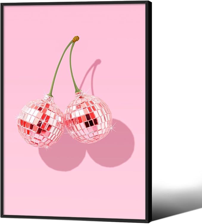 Funky Pink Cherry Poster Retro Disco Ball Canvas Wall Art 16X24 inch Black by Unknown