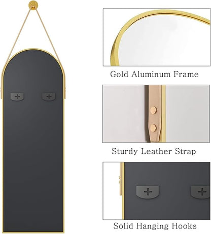 16"x48" Hanging Mirror with Leather Strap, Arched Full Length Mirror with - Image 6