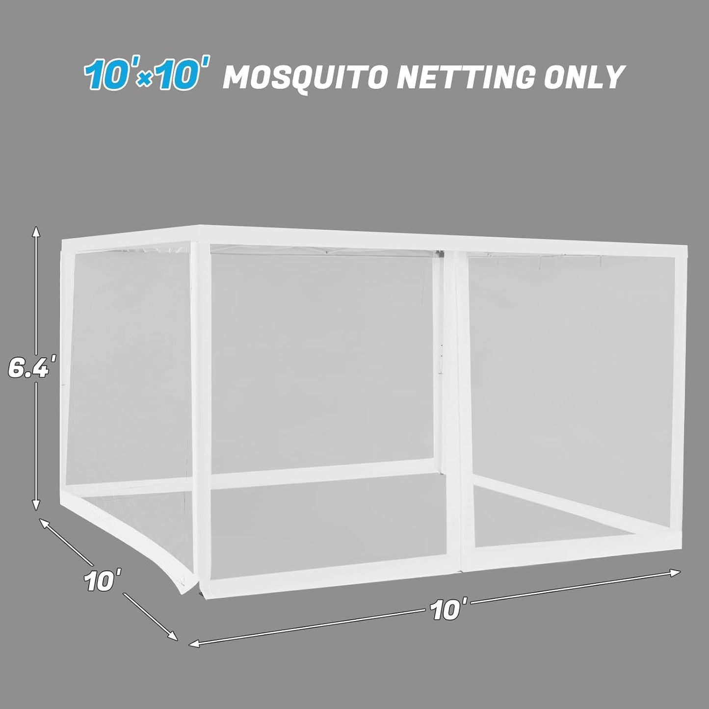 10'x10' Mosquito Netting for Patio with Zipper, Outdoor Replacement Mesh Sidewall Netting for Porch/Patio/Canopy/Gazebo (Mosquito Netting Only, White)