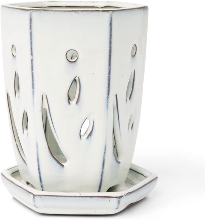 rePotme 4 x 6 inch Ceramic Orchid Pot (White Diamond) - Hexagon Orchid Pot with Holes