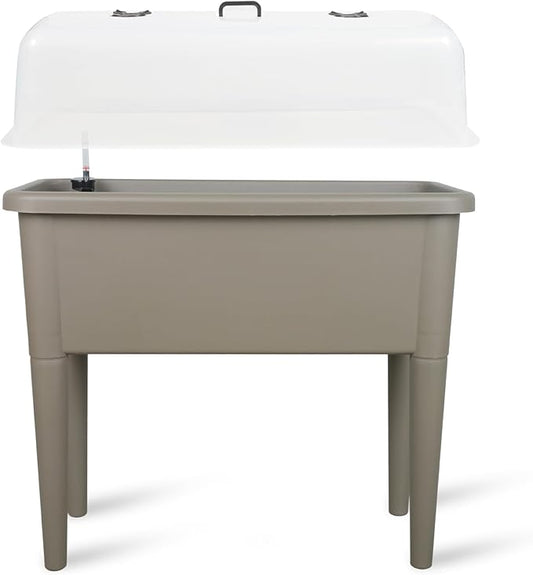 Dexceder 13.2 Gallon Self Watering Raised Garden Bed with Ventilation Transparent Lid Greenhouse, Deepen Vegetable Flower Box Planter Pot with Removeble Legs&Water Level Indicator (Light Brown)