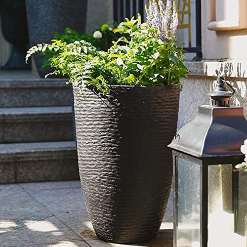 Worth Garden 21" H Tall Planters 2 Pack - 14'' Dia Resin Large Round Black Flower Pots for Outdoor Plants Trees - Imitation Stone Finish Plastic Indoor Front Porch 9 Gallon Decorative Container Patio