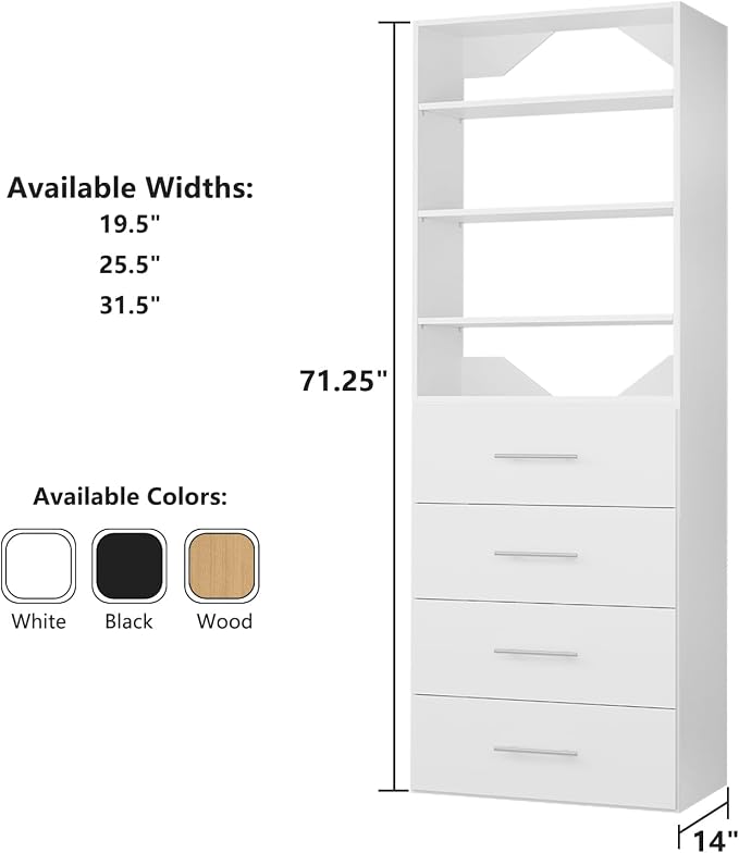 ROOMTEC Modular Closet System, 19.5" 4 Drawer Shelf Closet Tower Wall-Mounted - Image 8