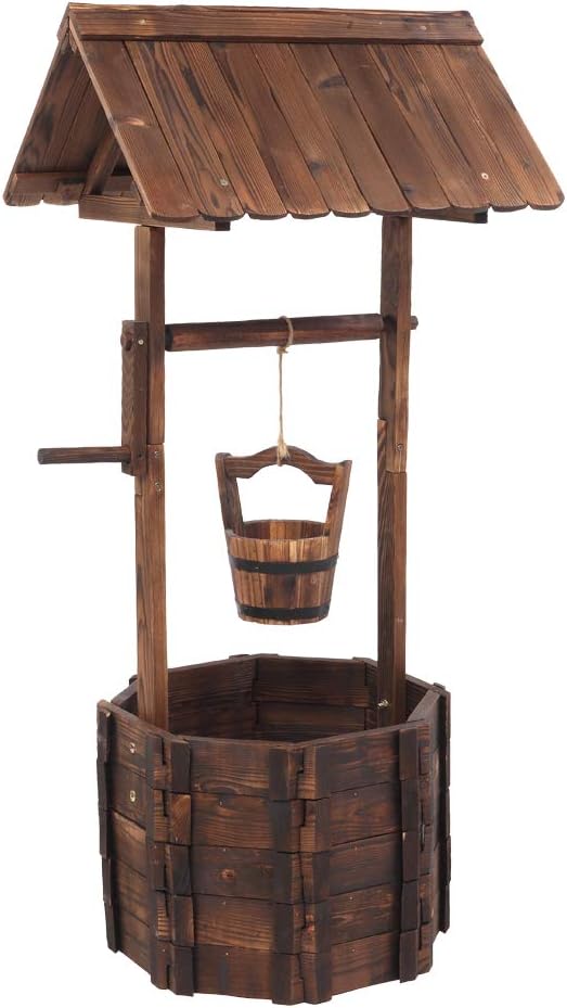 Wooden Wishing Well with Hanging Bucket, Outdoor Rustic Wishing Well Planter for Flowers and Plants, Well Covers for Yard, Garden Decor for Outside