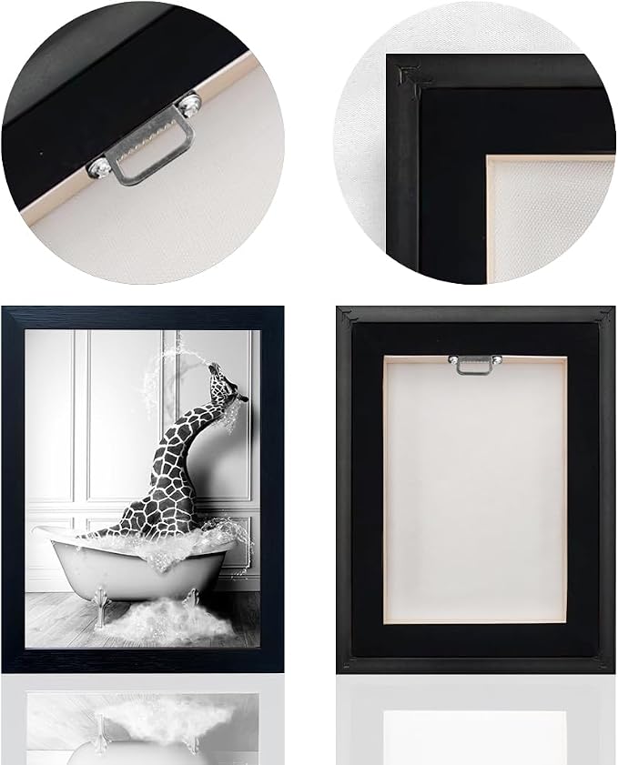 Black and White Bathroom Wall Decor Funny Giraffe in Bathtub Decor Framed - Image 4