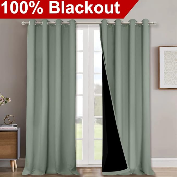 NICETOWN Greyish Green 100% Blackout Windows Curtains, Super Heavy-Duty Black - Image 2
