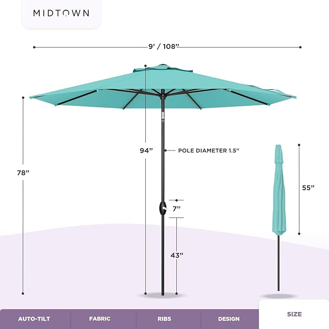 Midtown Umbrellas Sunbrella Umbrella 9 Feet Outdoor Umbrella With Canvas Natural Acrylic Fabric - Auto-Tilt Aluminum Frame Patio Umbrella For Backyard, Deck, Garden, Pool - Black Pole