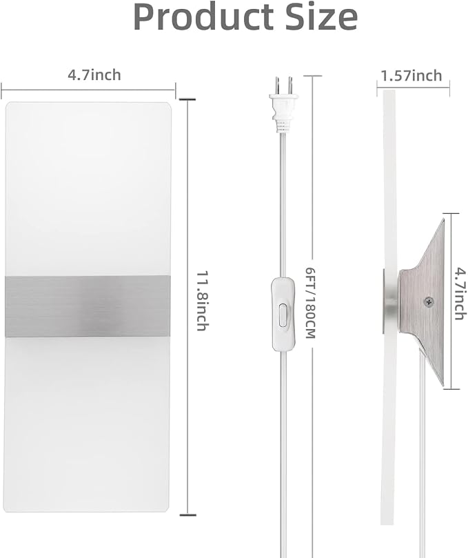 KICAAO Wall Sconces Set of Two, Modern Wall Sconce Plug in 10W 6000K Cool White - Image 6