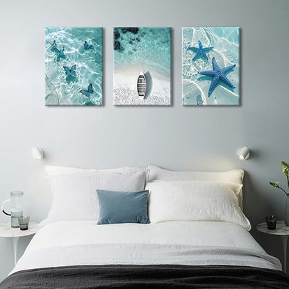 Ocean Wall Art Beach Canvas Print Starfish Shell on Teal Board Paintings - Image 8