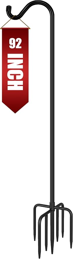 Gtongoko Shepherds Hook for Outdoor, 92 Inch Bird Feeder Pole with 7 Prongs Base, 3/4 Inch Thick Heavy Duty Adjustable Garden Hook for Hanging Plant, Hummingbird Feeder, Lantern, 1 Pack