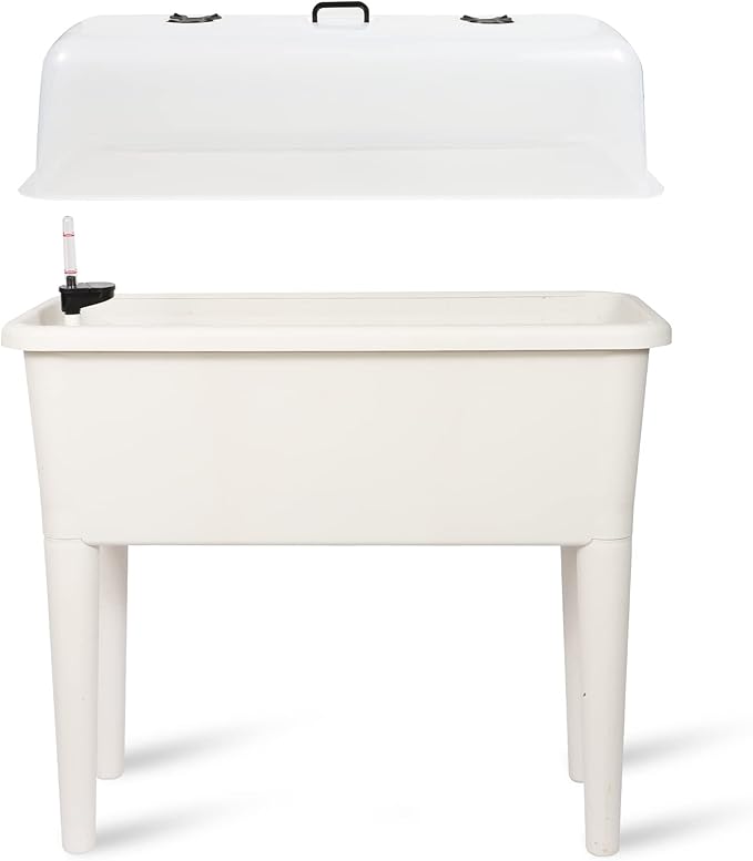 Dexceder 13.2 Gallon Self Watering Raised Garden Bed with Ventilation Transparent Lid Greenhouse, Deepen Vegetable Flower Box Planter Pot with Removeble Legs & Water Level Indicator (White)