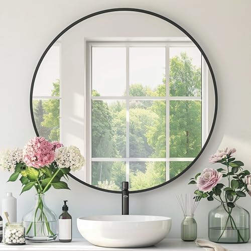Round Black Mirror, 30 Inch Circle Black Mirror, Metal Frame Round Wall Mounted by Mfring