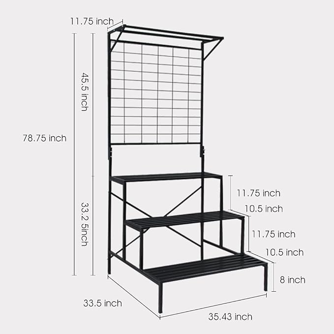 Zhongma 3 Tier Large Heavy Duty Plant Stand with Hanging Plant pot shelf, 35.43 x 33.27 x 78.74, Tall multi layer Plant Holder for Home, Garden, Each Tier: 35.43 L x 10.5W, Easy to Hold Large Plant