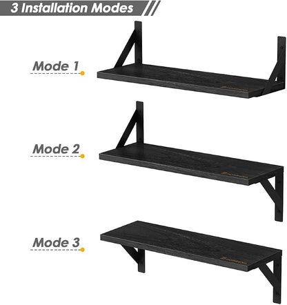 Forbena Black Floating Shelves Bathroom Set of 3, Wooden Wall Book Shelves - Image 6